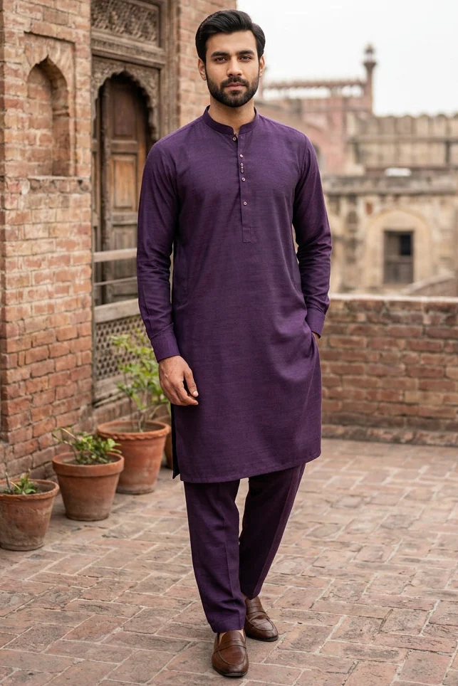 Festive Collection Stitched All Season Blended Ban Suit -Purple - Image 2