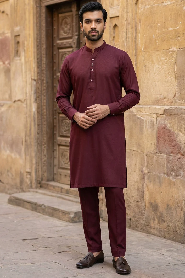Festive Collection Stitched All Season Blended Ban Suit -Wine - Image 2