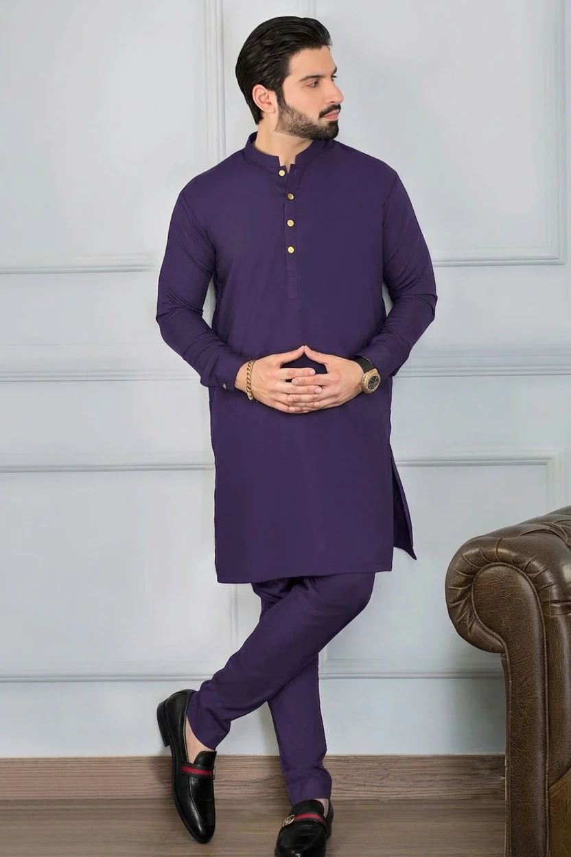 Festive Collection Stitched All Season Blended Kurta Trouser with  Ban Suit - Purple - Image 2