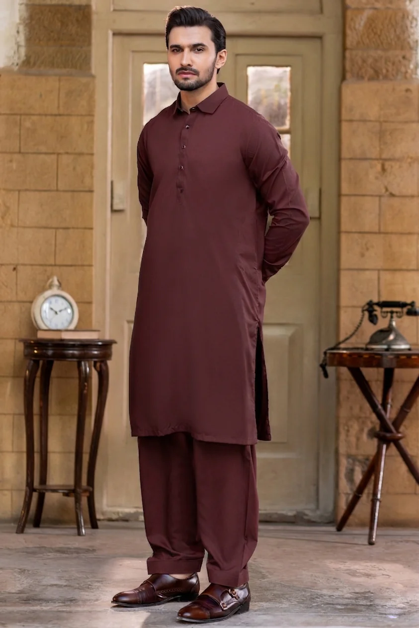 French cut collar Shalwar Kameez- Wine
