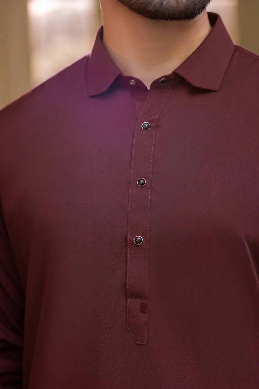 French cut collar Shalwar Kameez- Wine - Image 2