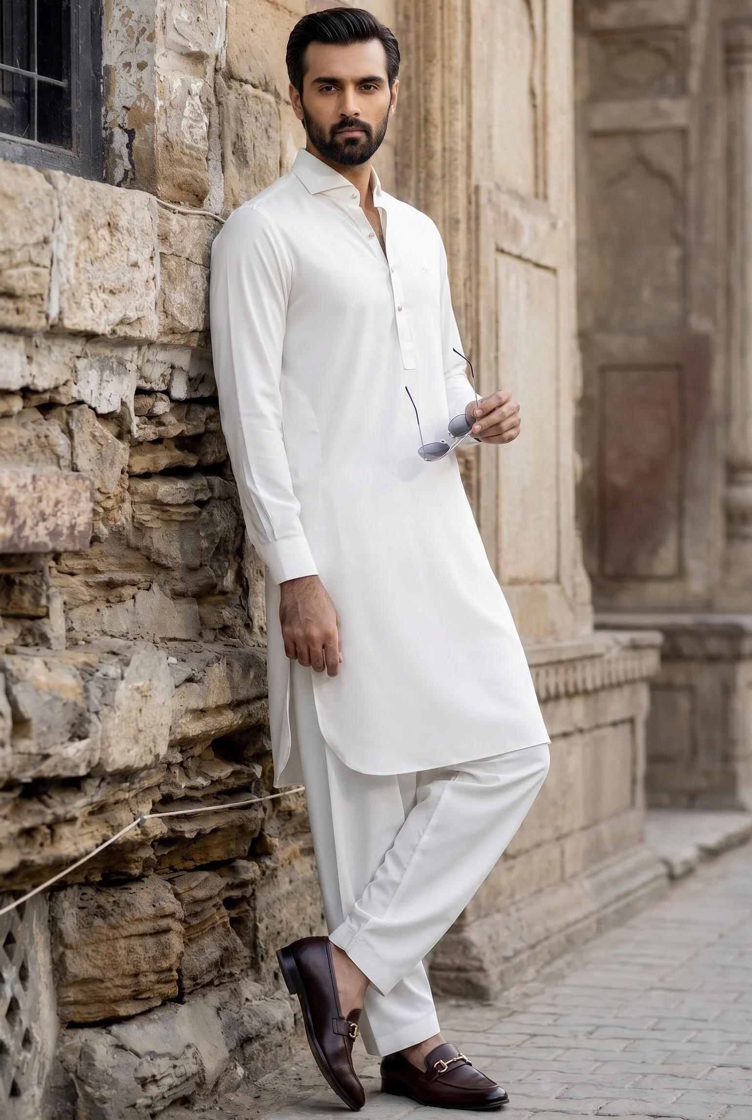 french cutaway collar shalwar kameez Egg-white - Image 2