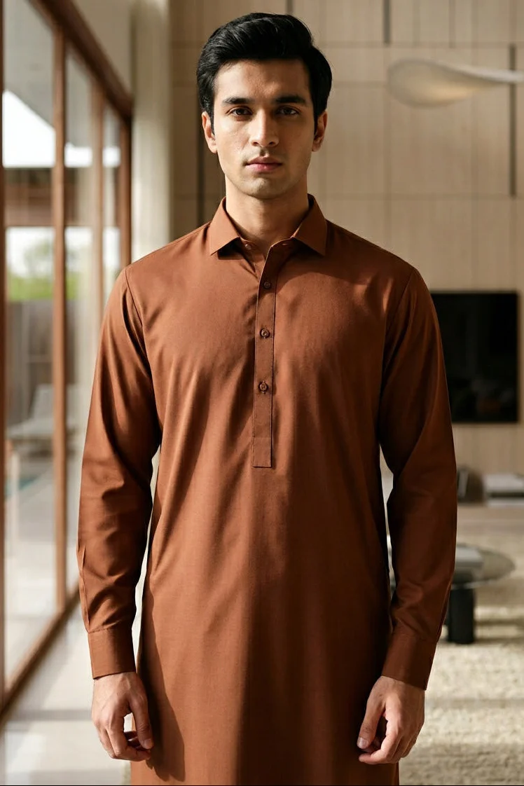 french cutaway collar shalwar kameez-Rust