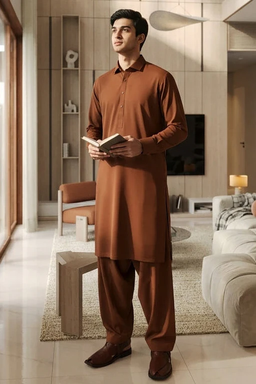 french cutaway collar shalwar kameez-Rust - Image 2