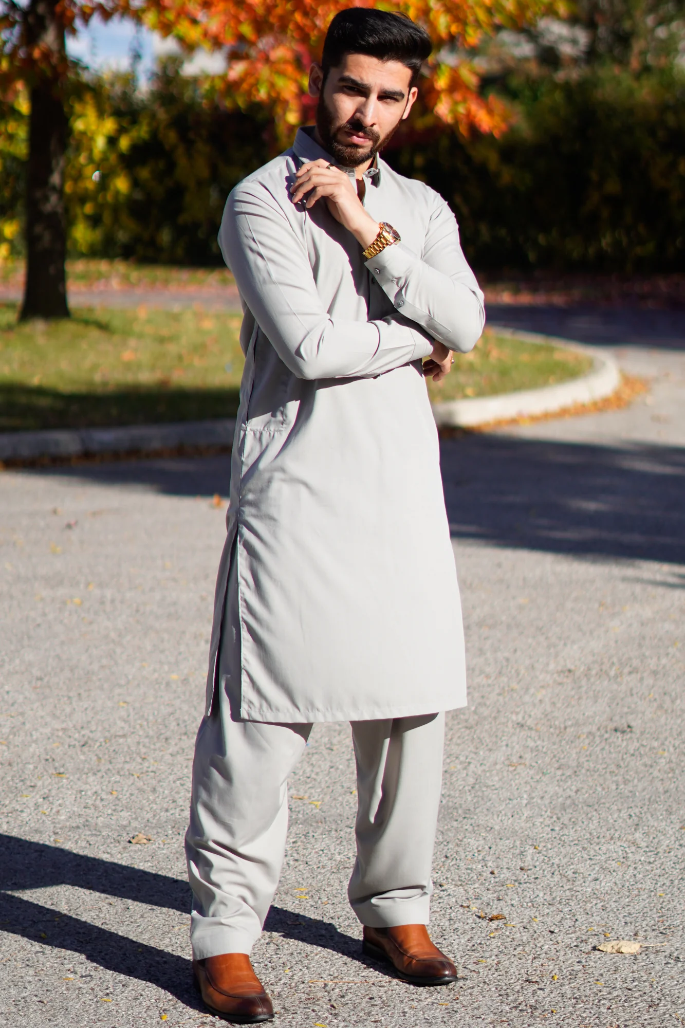 Stitched Crisp Fall Collar Shalwar Kameez Suit - Ashgrey