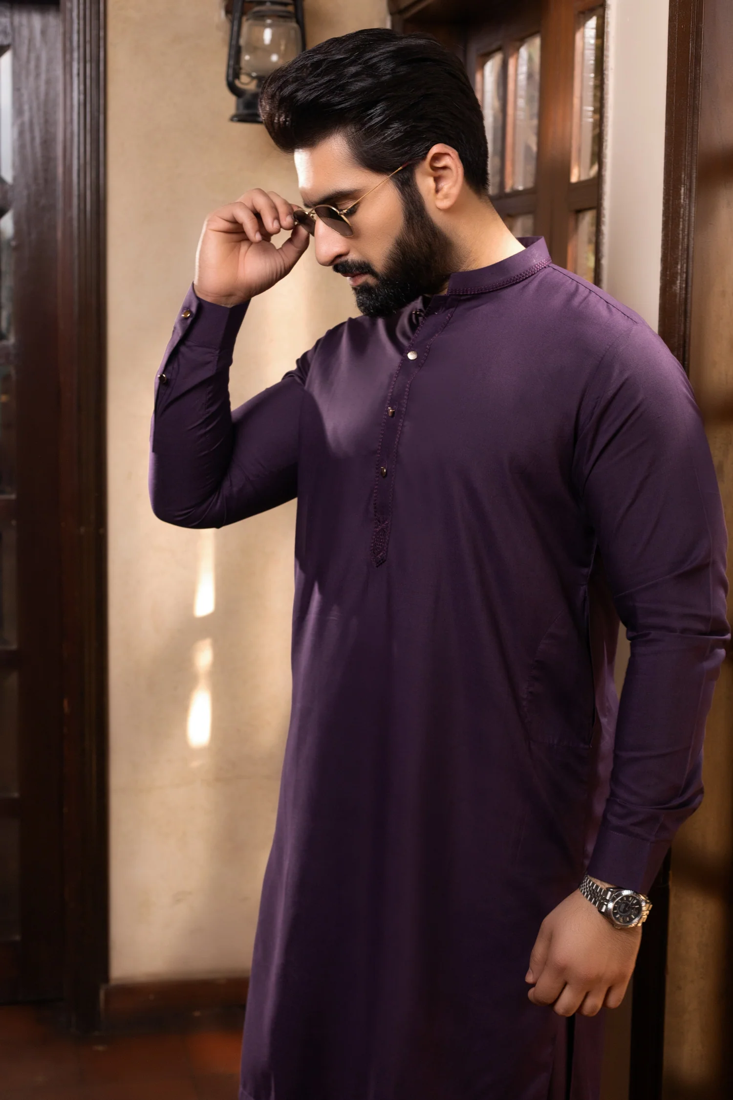 Hayyat Embroidered Stitched Suit - Wine - Image 3