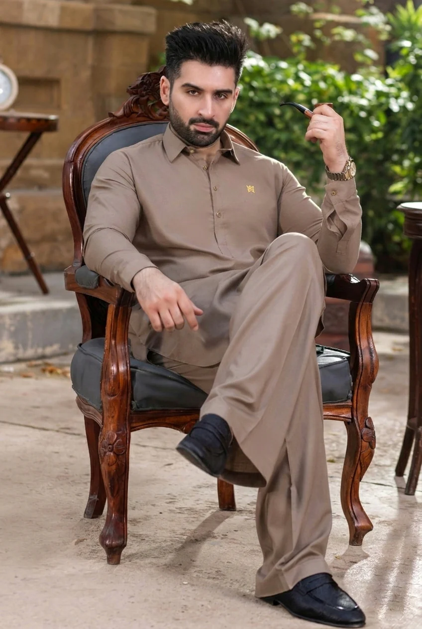 Stitched Nawabi Kameez with Farshi Shalwar - Ivory - Image 2