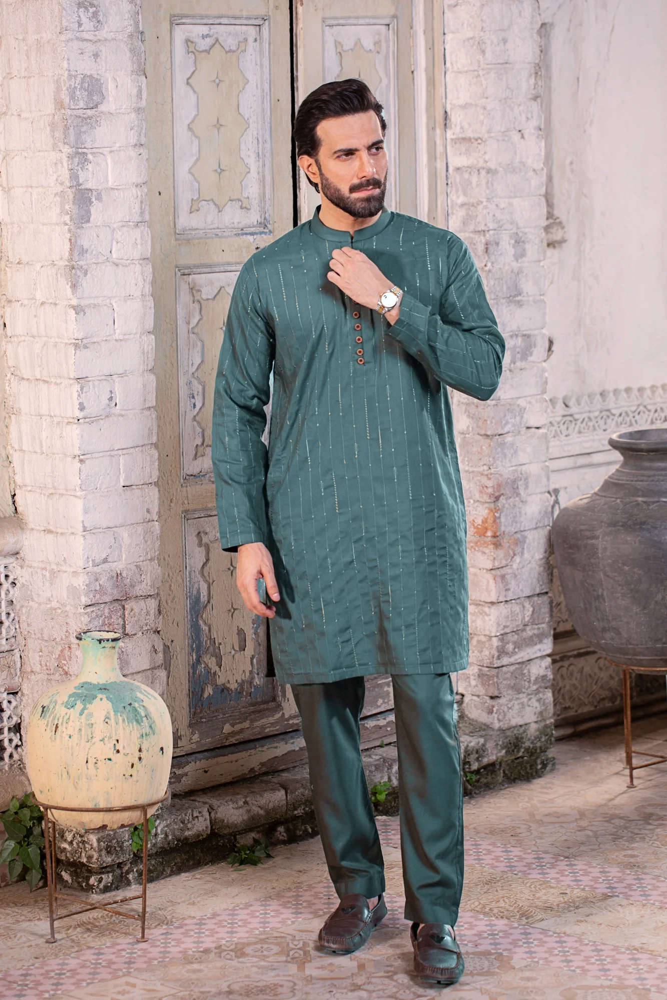 Sultan Allover Embroidered Suit - Jade Green - Image 2