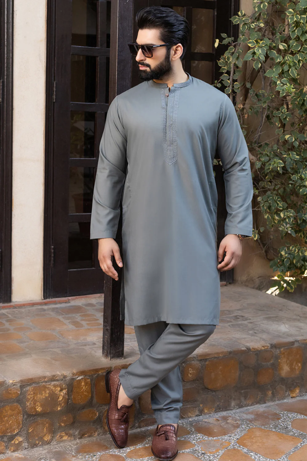Mountain Green Embroidered Stitched Suit With Trouser - Image 2