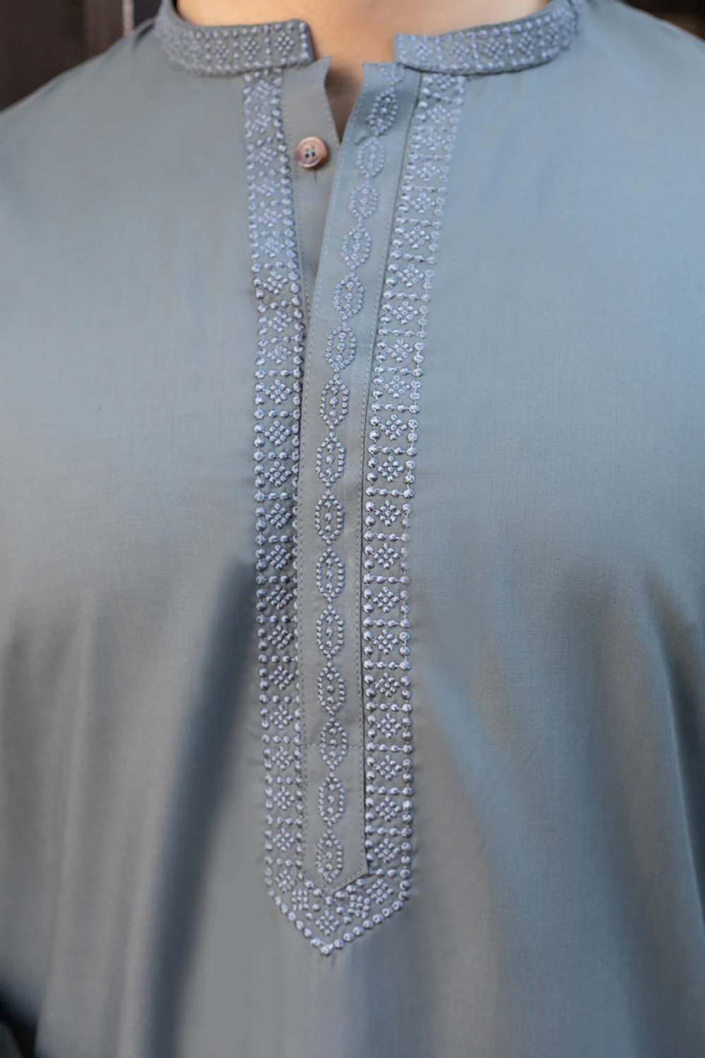 Mountain Green Embroidered Stitched Suit With Trouser - Image 3