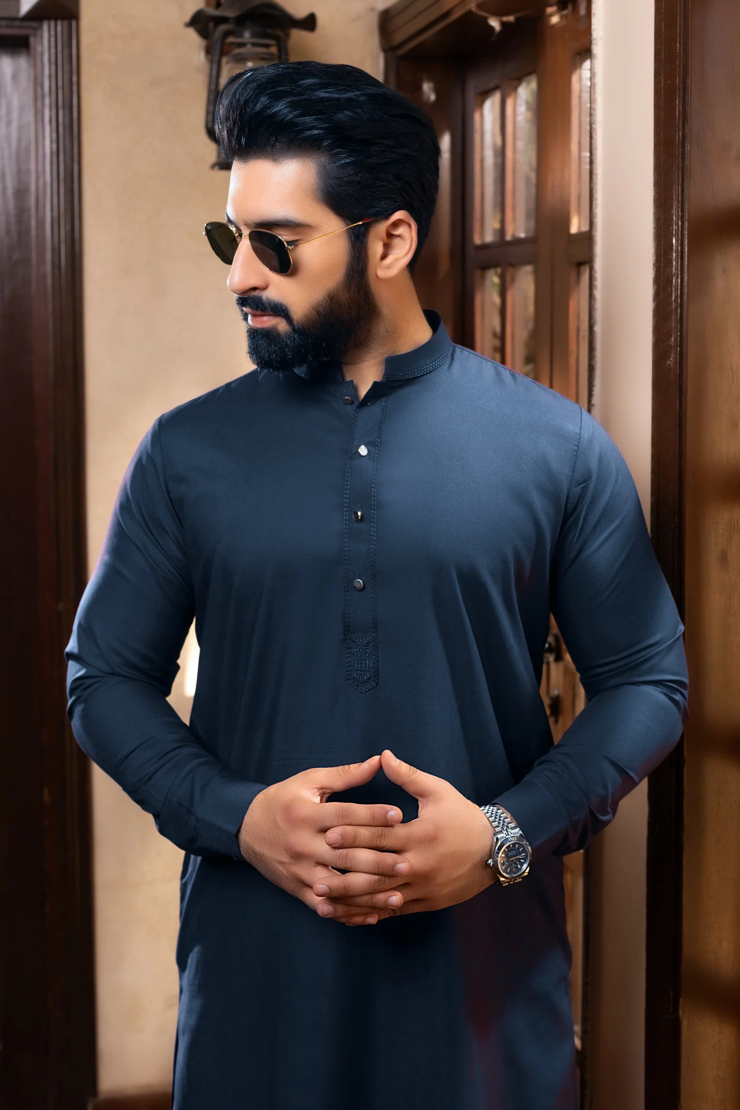 Hayat Embroidered Shalwar Kameez - Dark Denim - Image 2