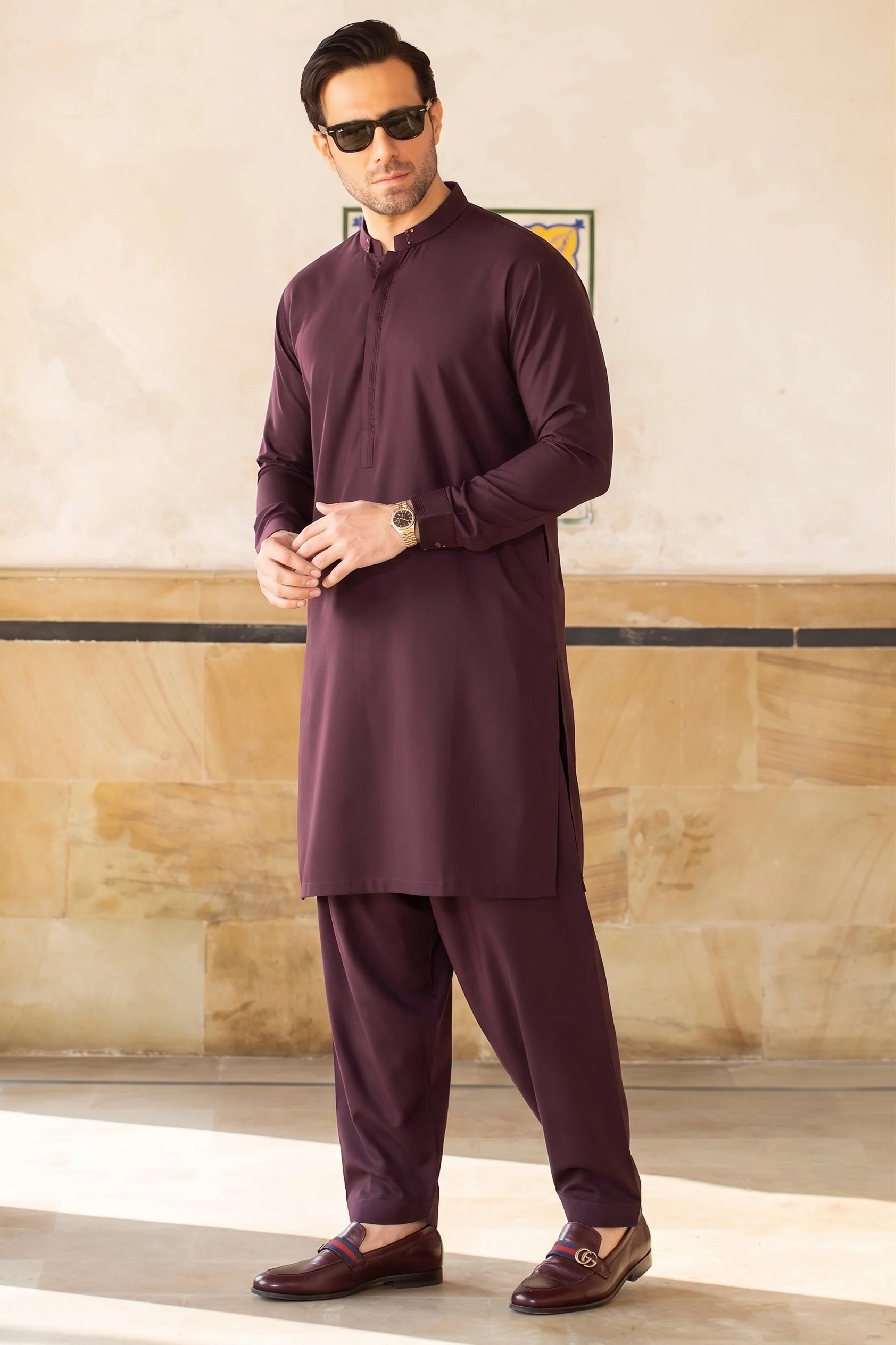 MUGHAL E AZAM COLLECTION STITCHED SHALWAR WITH KAMEEZ - WINE - Image 2
