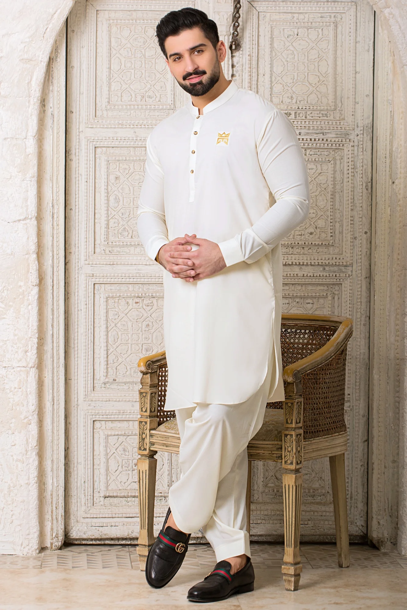 Mughal e Azam Stitched All Season Shalwar Kameez - Eggwhite - Image 2