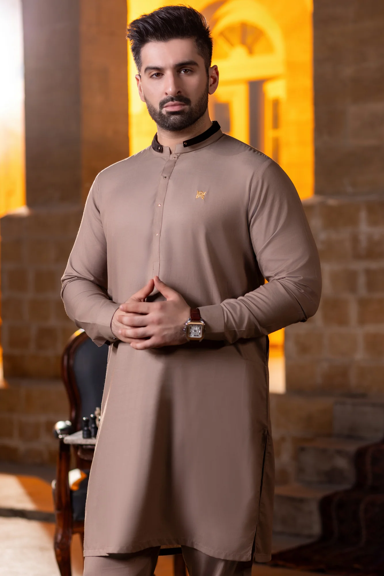 Velvet double ban & golden logo Kurta Trouser -Ash grey - Image 2