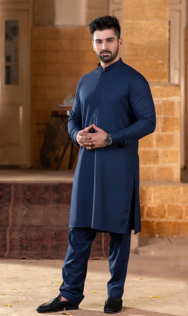 Standing long heighted ban Shalwar Kameez -Navy - Image 2