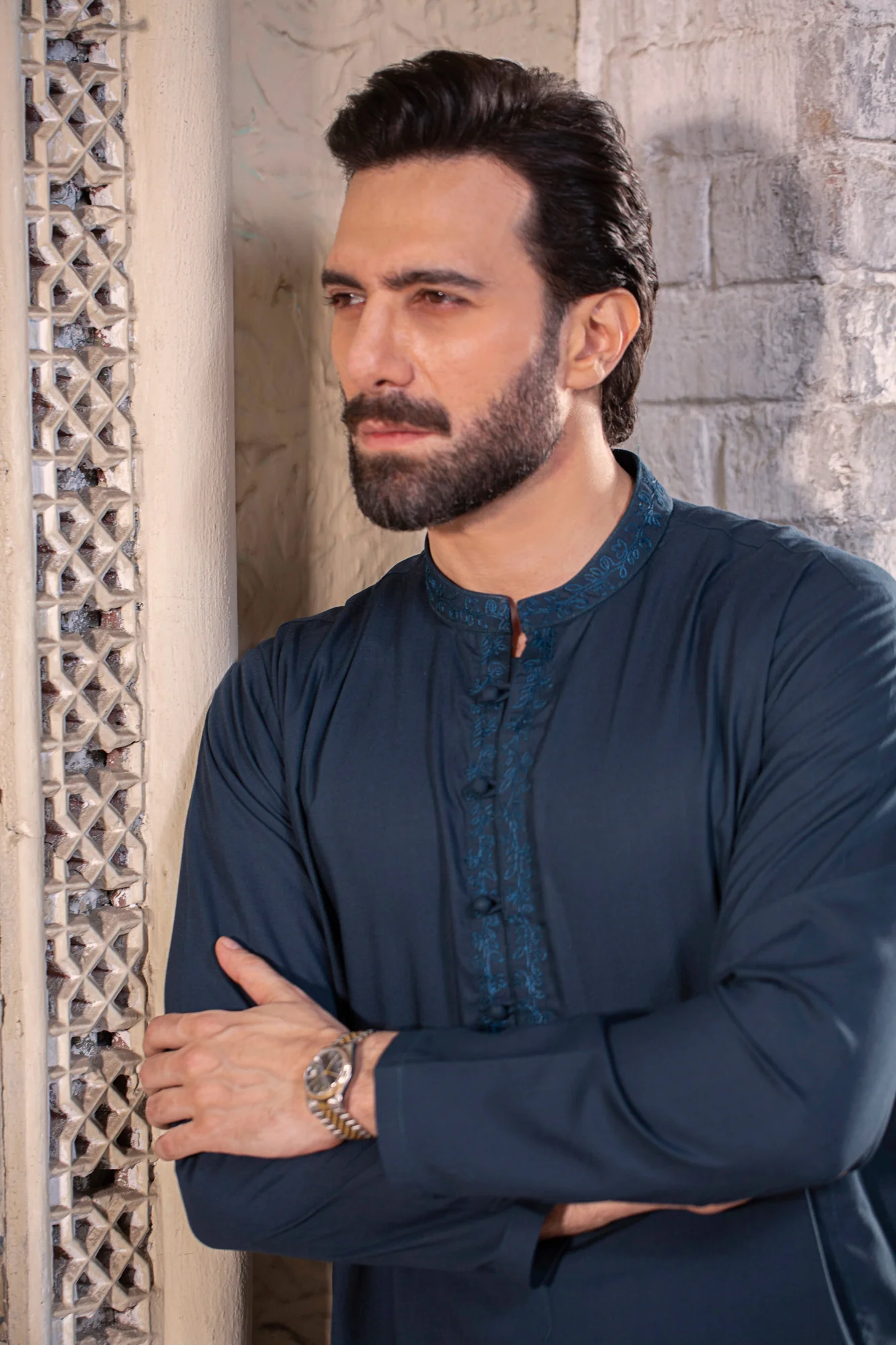 Taj Embroidered Stitched Suit - Navy - Image 2
