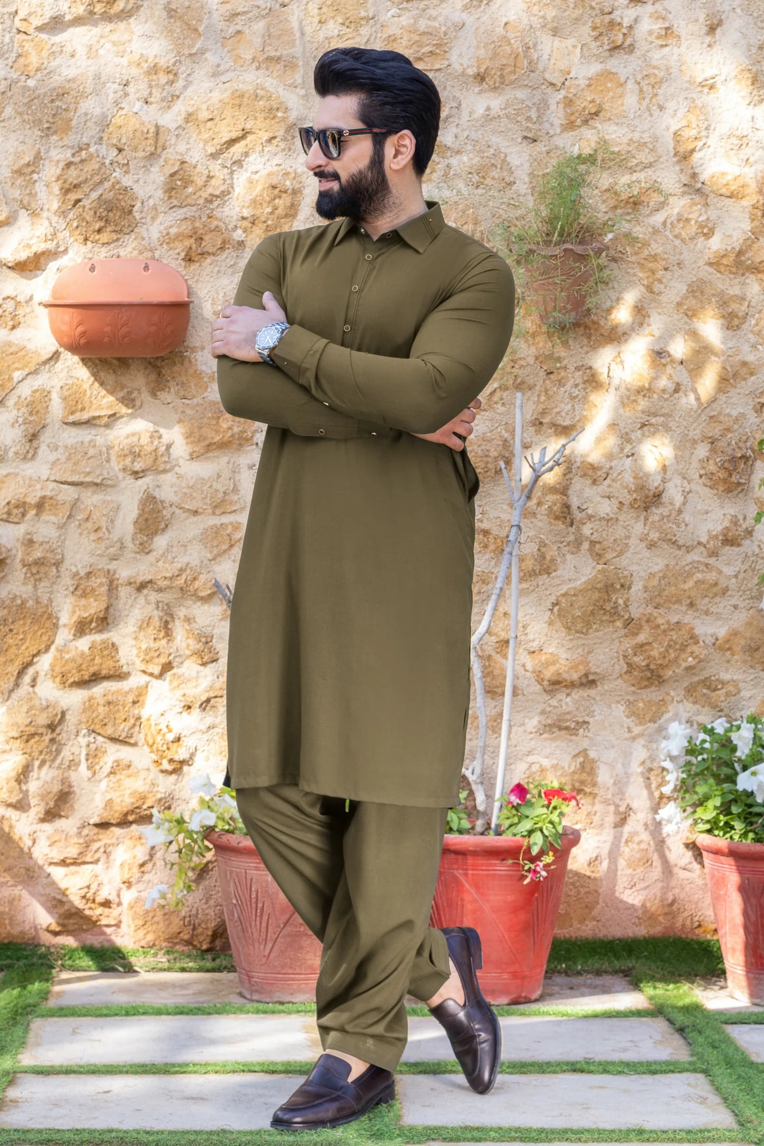 Royal Stitched Suit with Shalwar - Olive