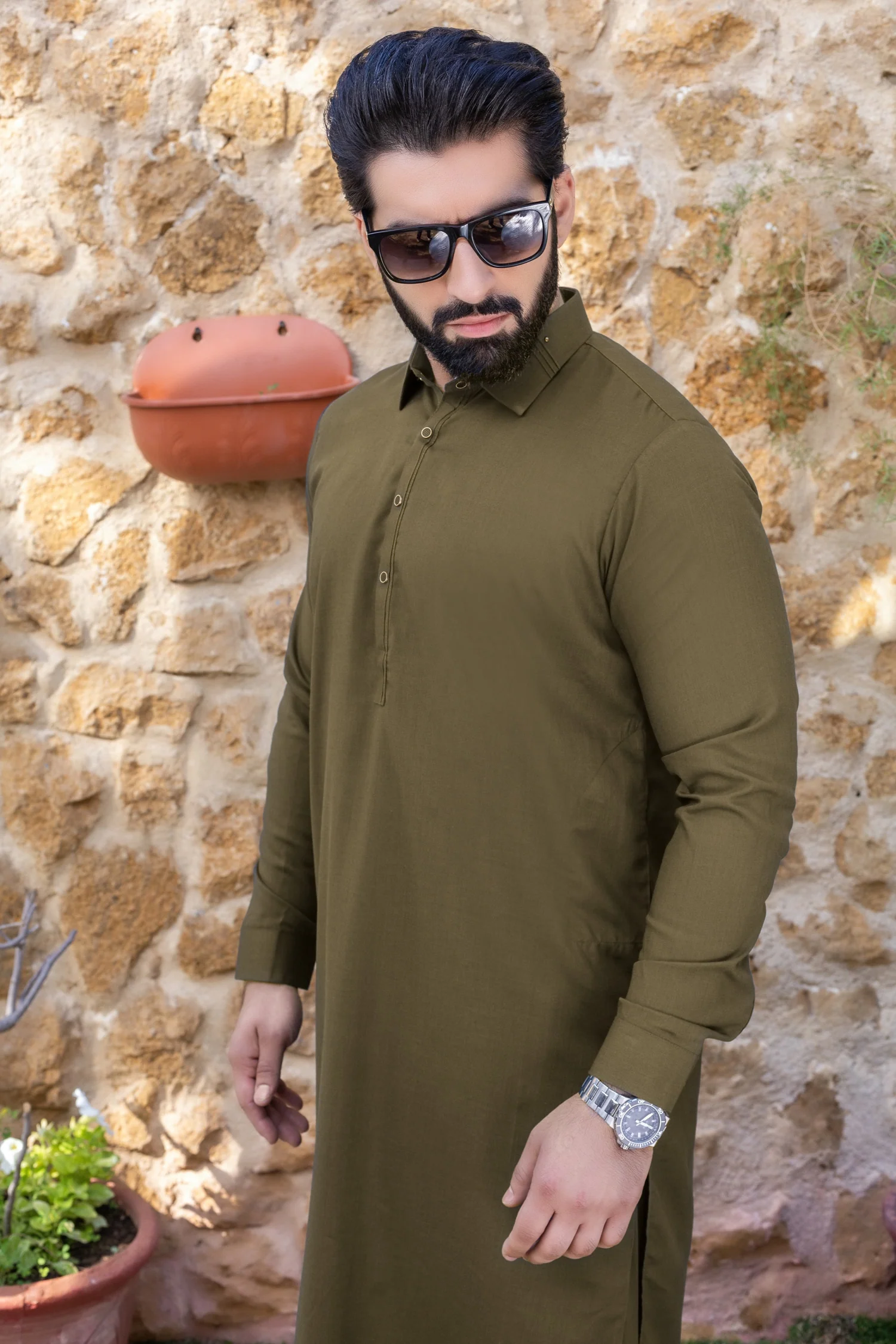Royal Stitched Suit with Shalwar - Olive - Image 2