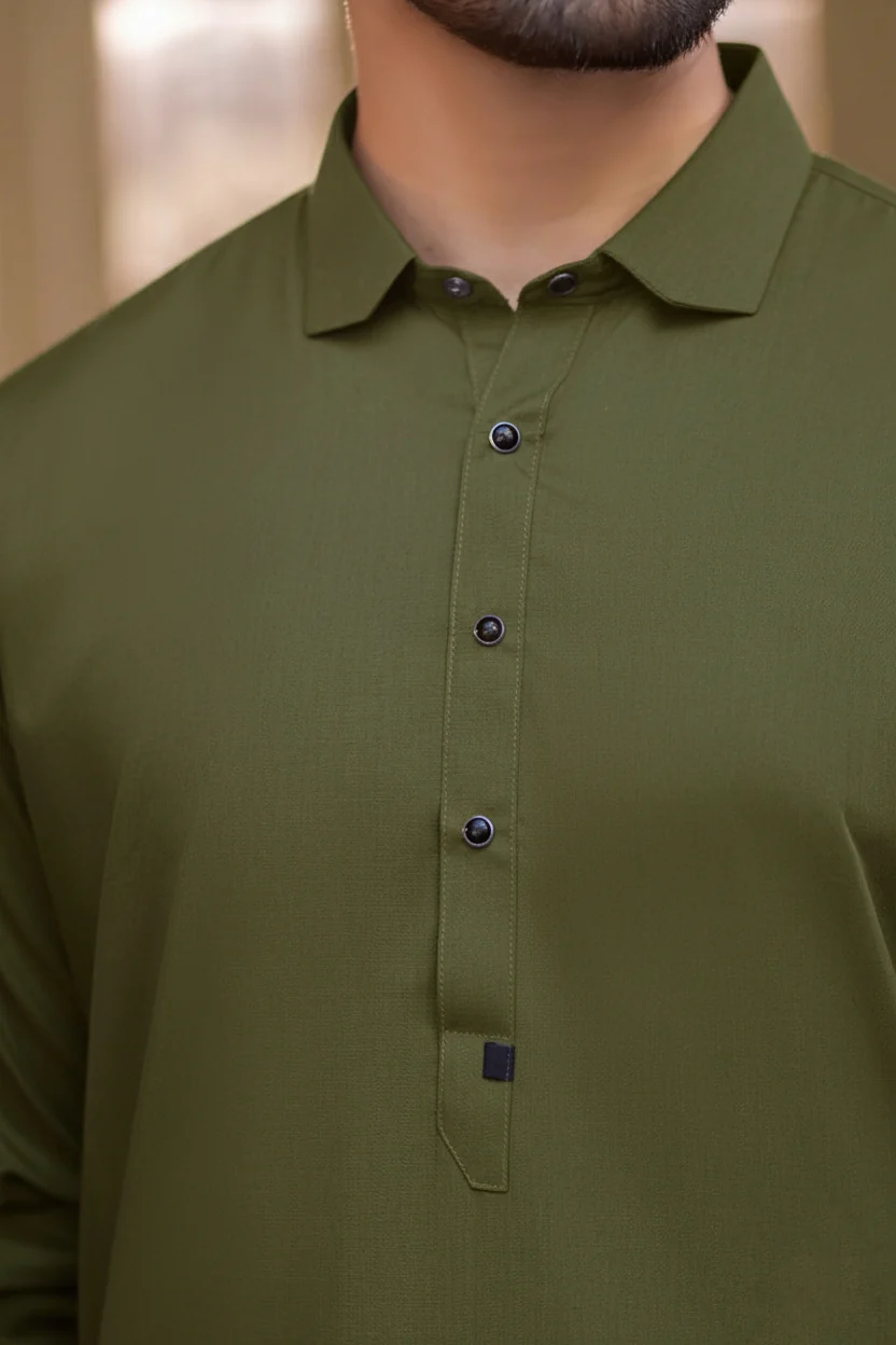 Spanish cut collar Shalwar Kameez-Olive