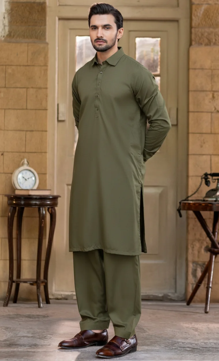 Spanish cut collar Shalwar Kameez-Olive - Image 3