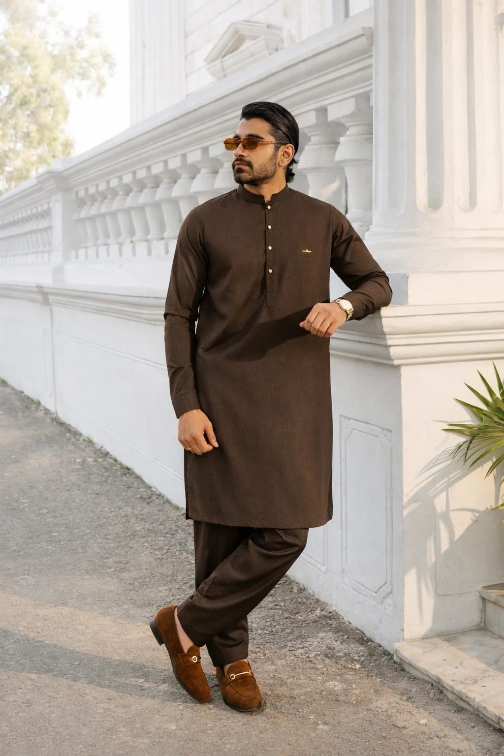 Stitched 3d Badge collection shalwar kameez -Chocolate Brown - Image 2