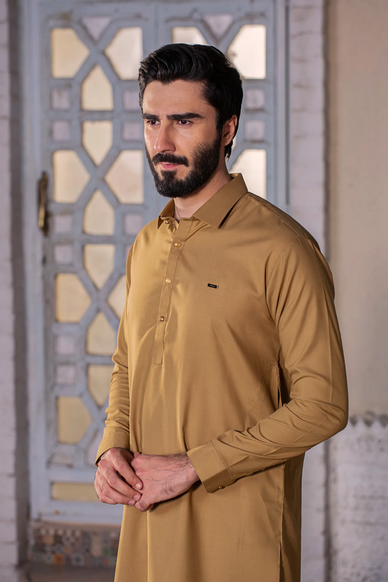 SHALWAR KAMEEZ WITH FRENCH COLLAR AND LASER LOGO - Camel - Image 2