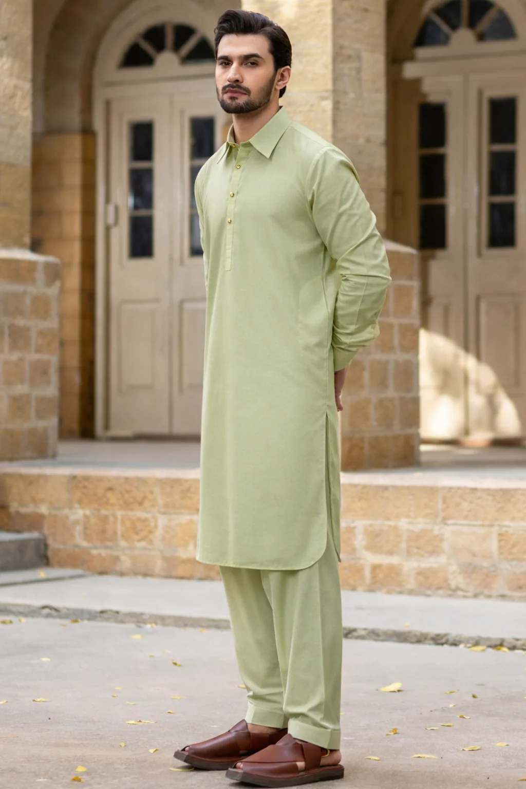 Italian collar Shalwar Kameez with signature badge-Pista - Image 2