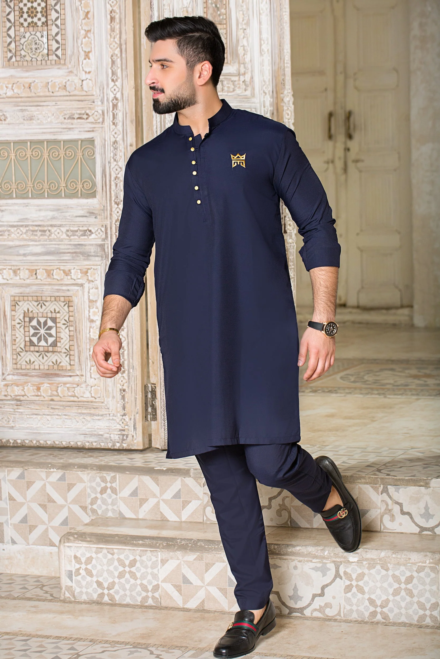 Platinum Logo Collection All Season Stitched Suit with Gold Hook Buttons - Navy - Image 2