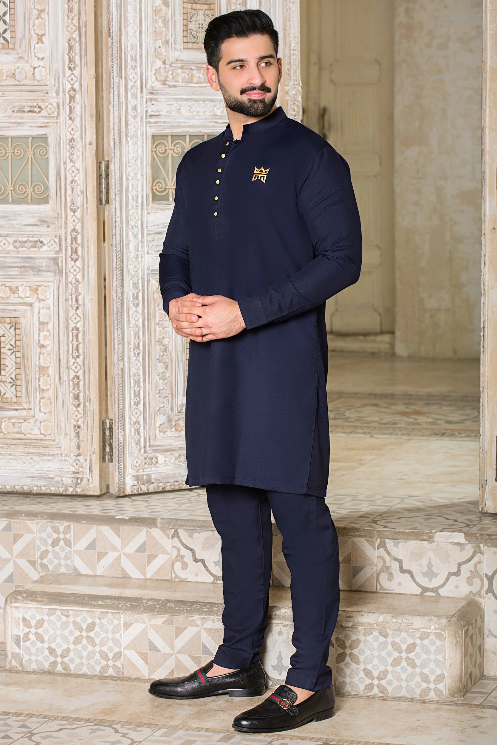 Platinum Logo Collection All Season Stitched Suit with Gold Hook Buttons - Navy - Image 3