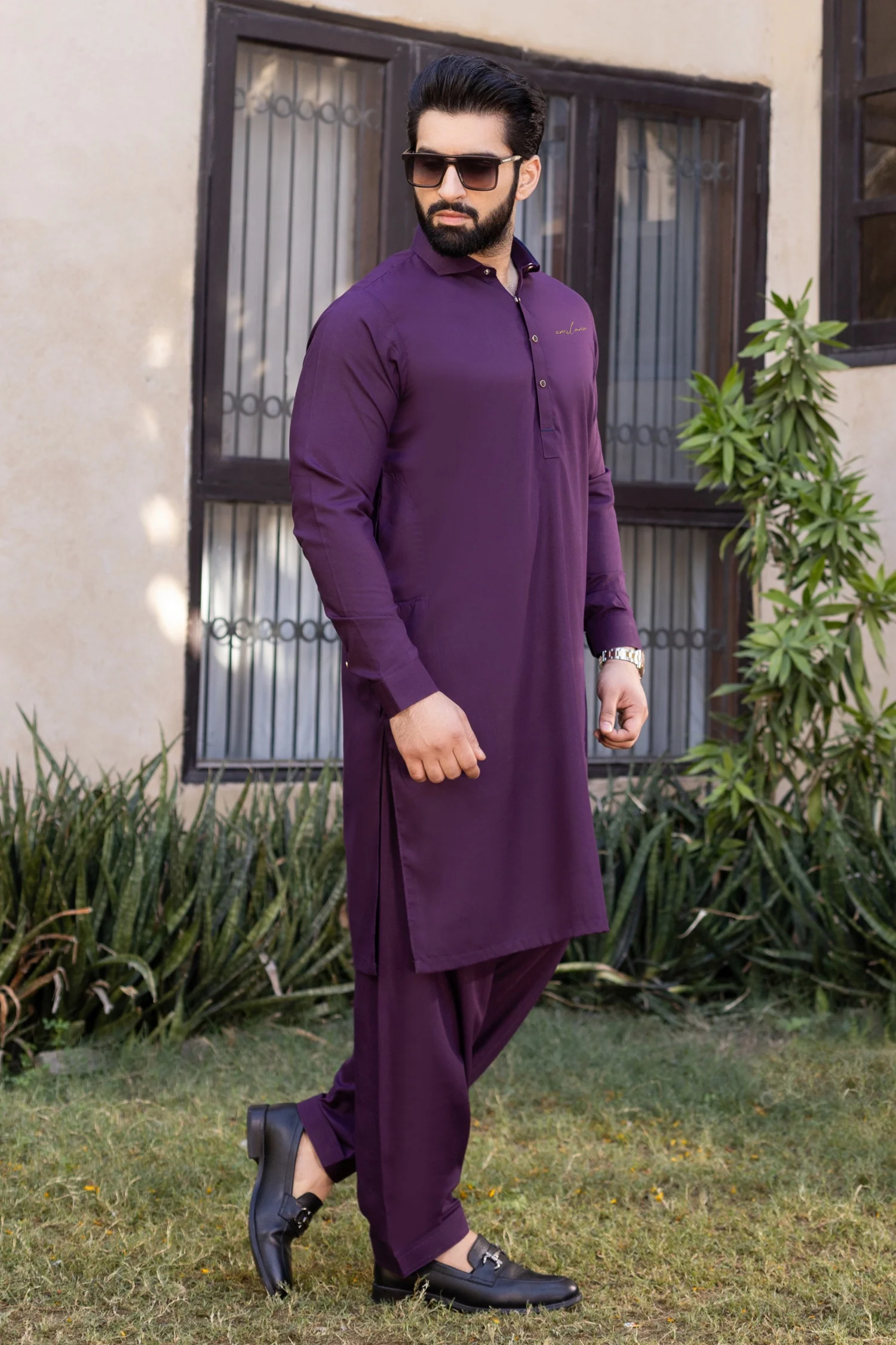 Signature French Collar Stitched Suit - Dark Purple - Image 2