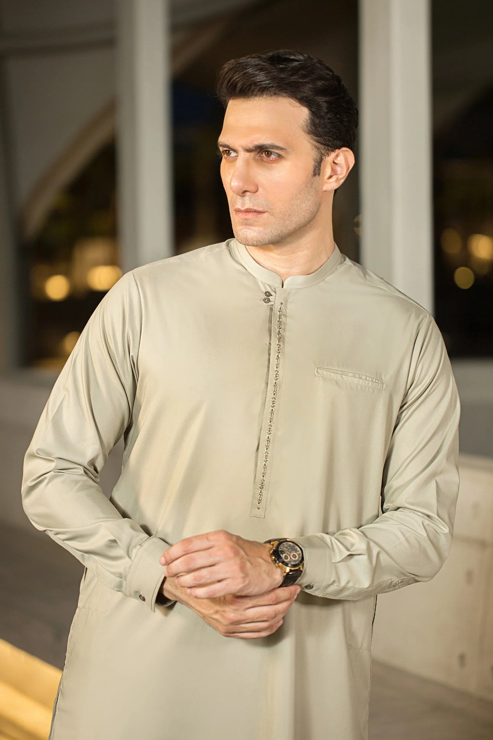 Rich cream Shalwar Kameez with embroidery patti & fake pocket