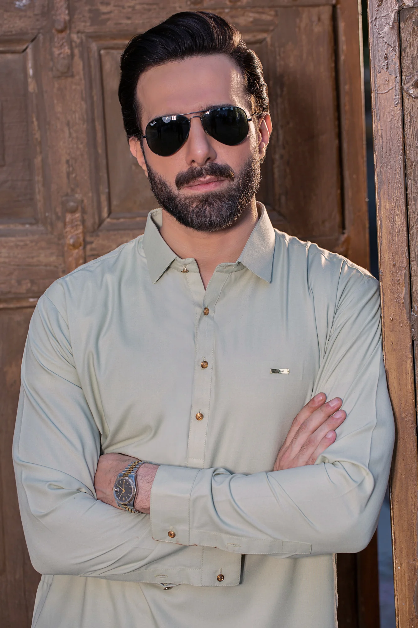 Shalwar Kameez with French Collar and Laser Logo - Rich Cream - Image 2