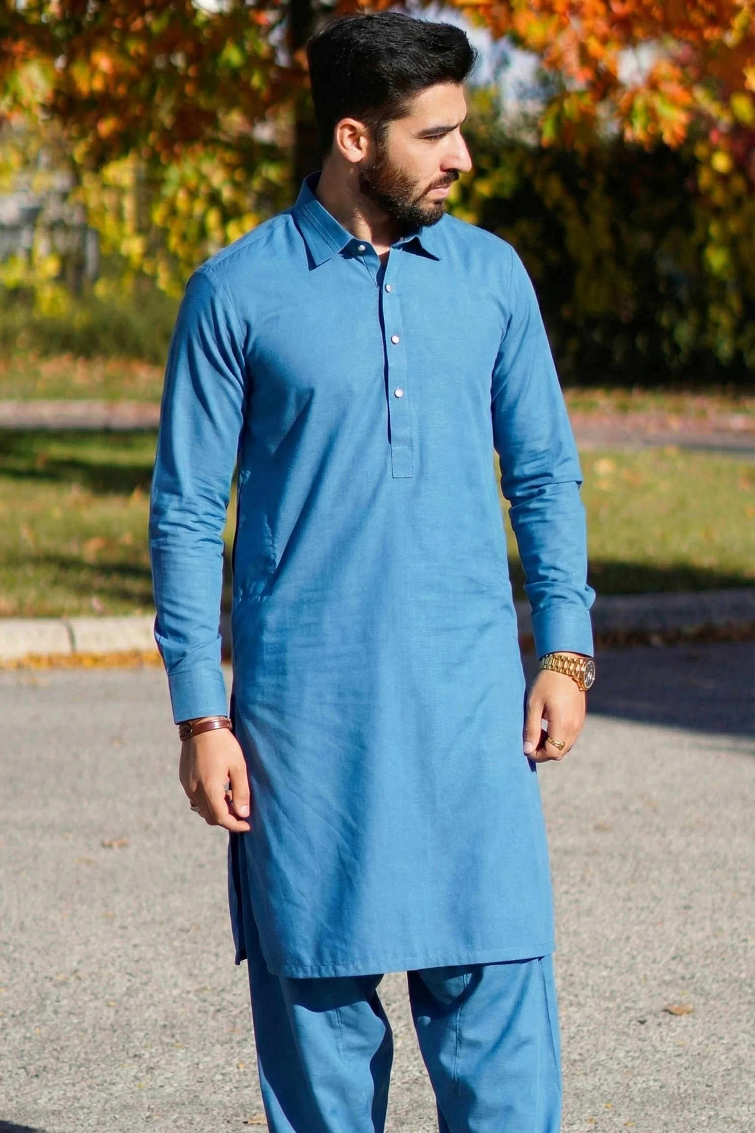 Stitched Crisp Fall Collar Shalwar Kameez Suit - SeaBlue