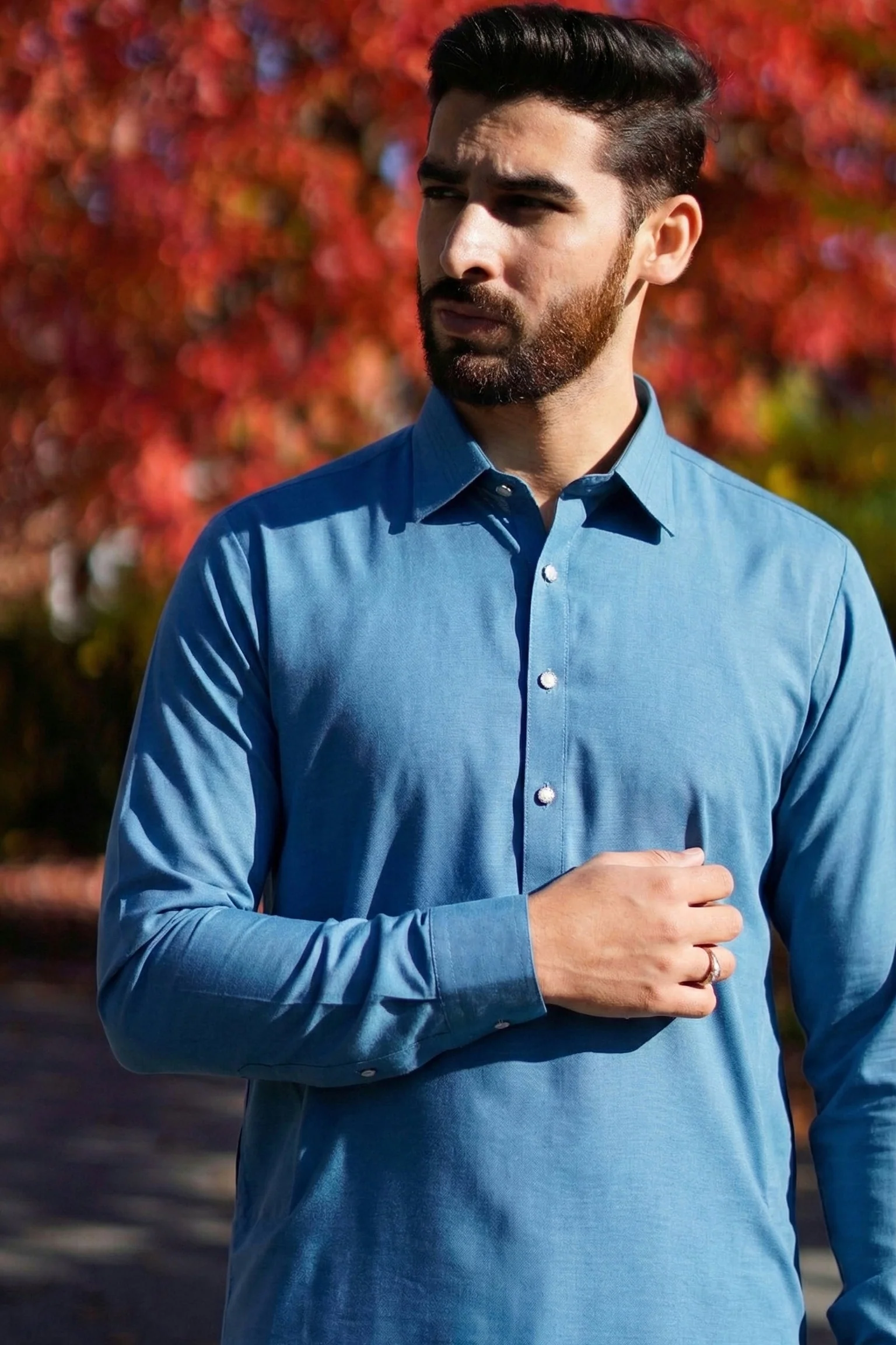 Stitched Crisp Fall Collar Shalwar Kameez Suit - SeaBlue - Image 2