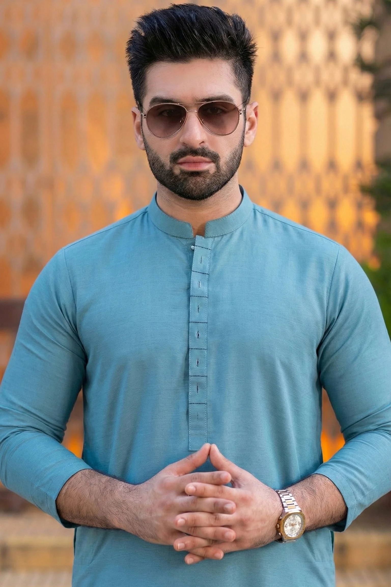 Silver contrast stitch & box patti Kurta Trouser-Sea blue