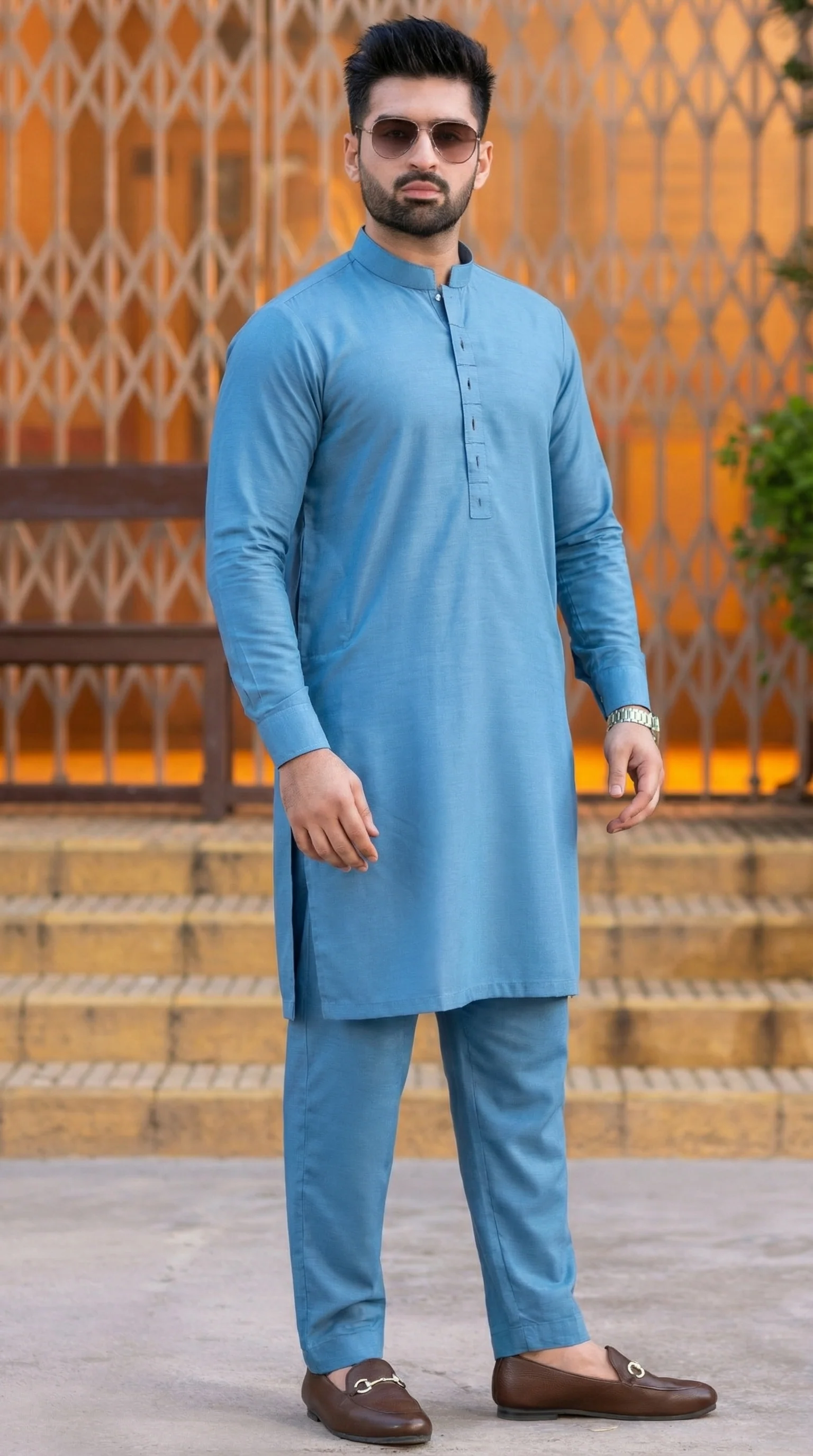 Silver contrast stitch & box patti Kurta Trouser-Sea blue - Image 2