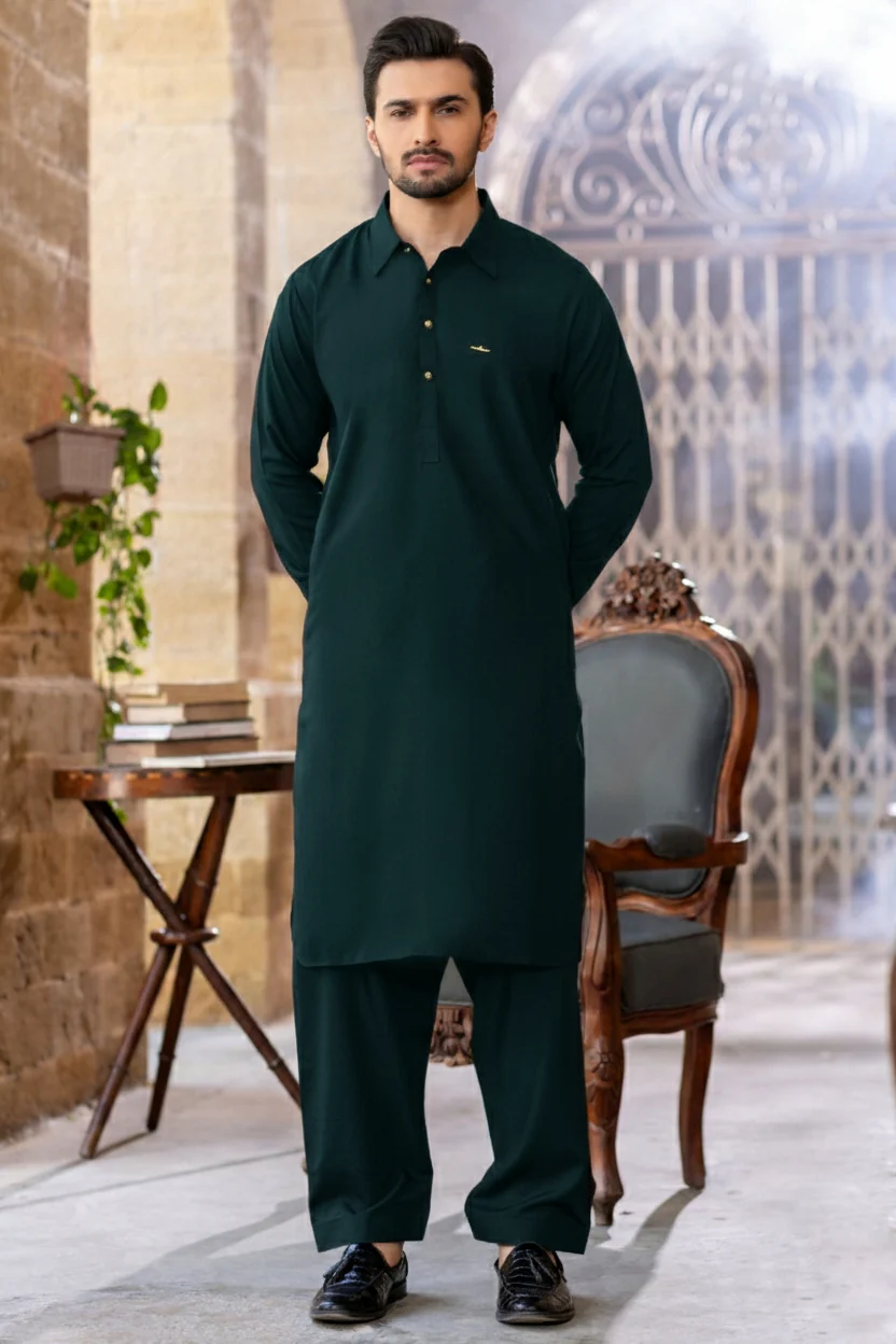 Italian collar Shalwar Kameez with signature badge-Sea green