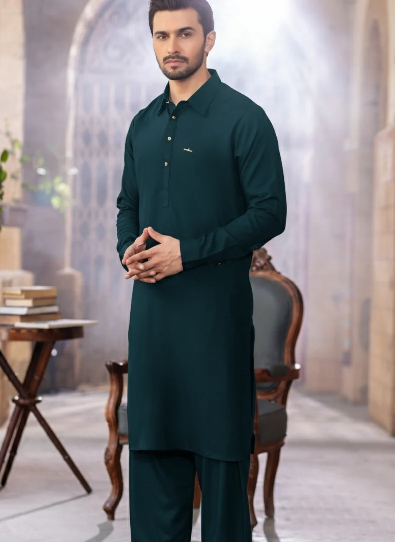 Italian collar Shalwar Kameez with signature badge-Sea green - Image 2