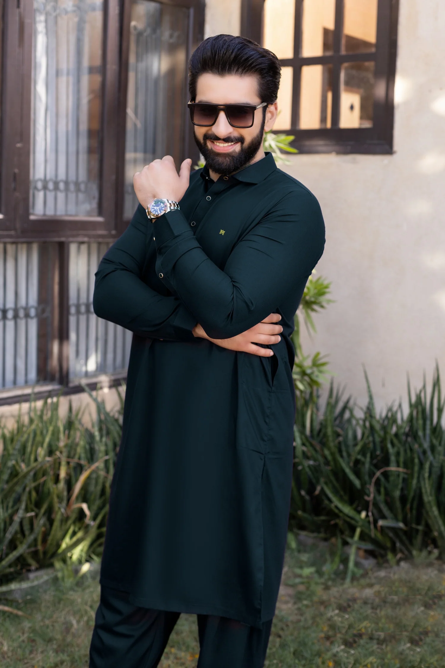 French Cutaway Collar Shalwar Kameez-Seagreen