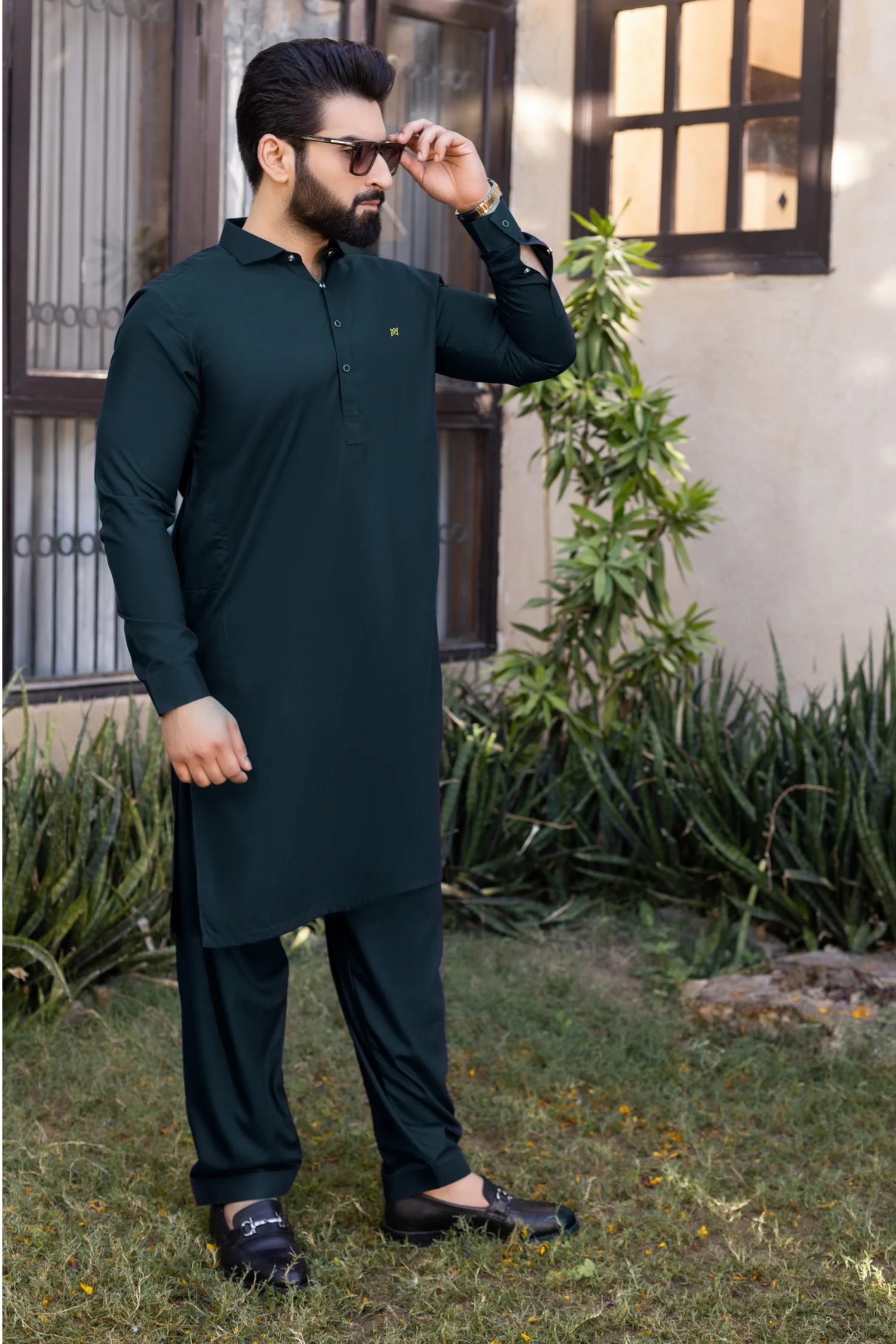 French Cutaway Collar Shalwar Kameez-Seagreen - Image 2
