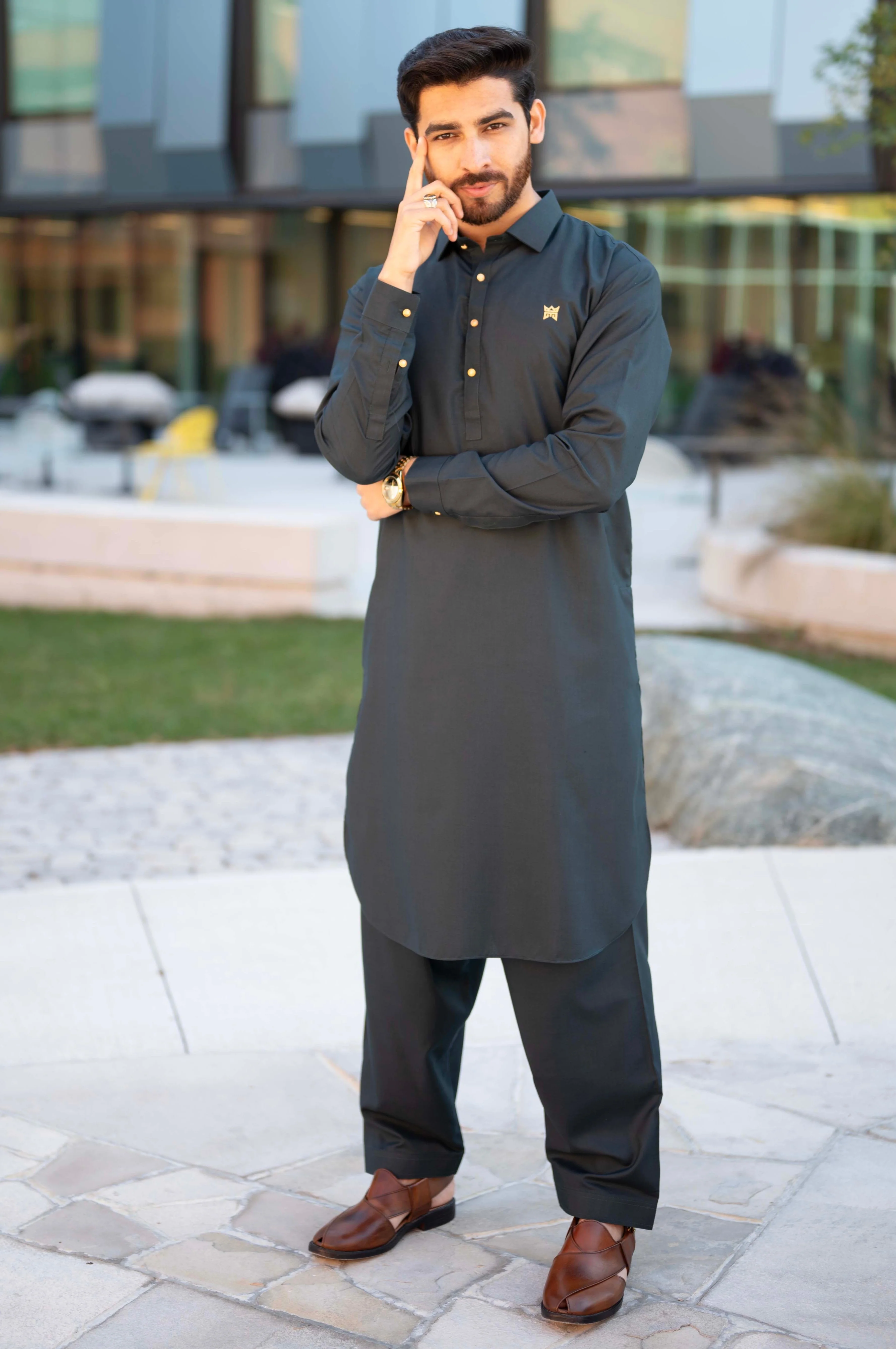 Stitched Suit with French Collar Shalwar - Seagreen