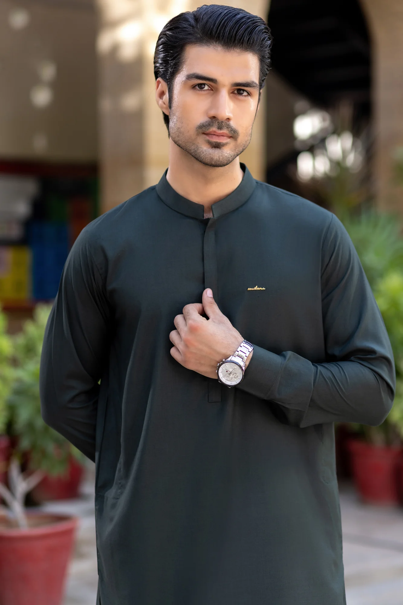 Signature xMilano Badge and Gumpatti Shalwar Kameez-Sea Green - Image 2