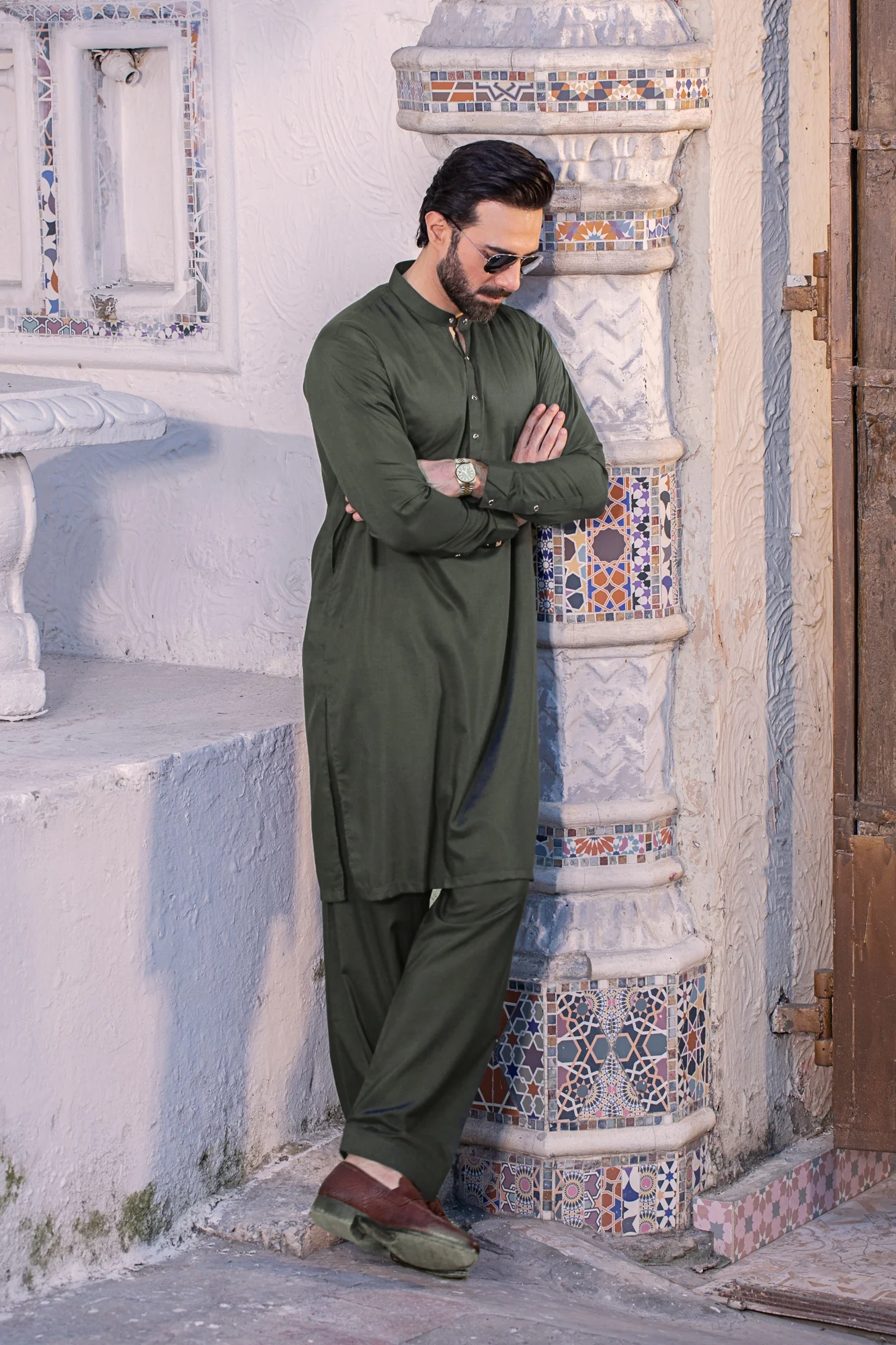 Nawabi Glass Button Stitched Suit with Shalwar - Seagreen - Image 2