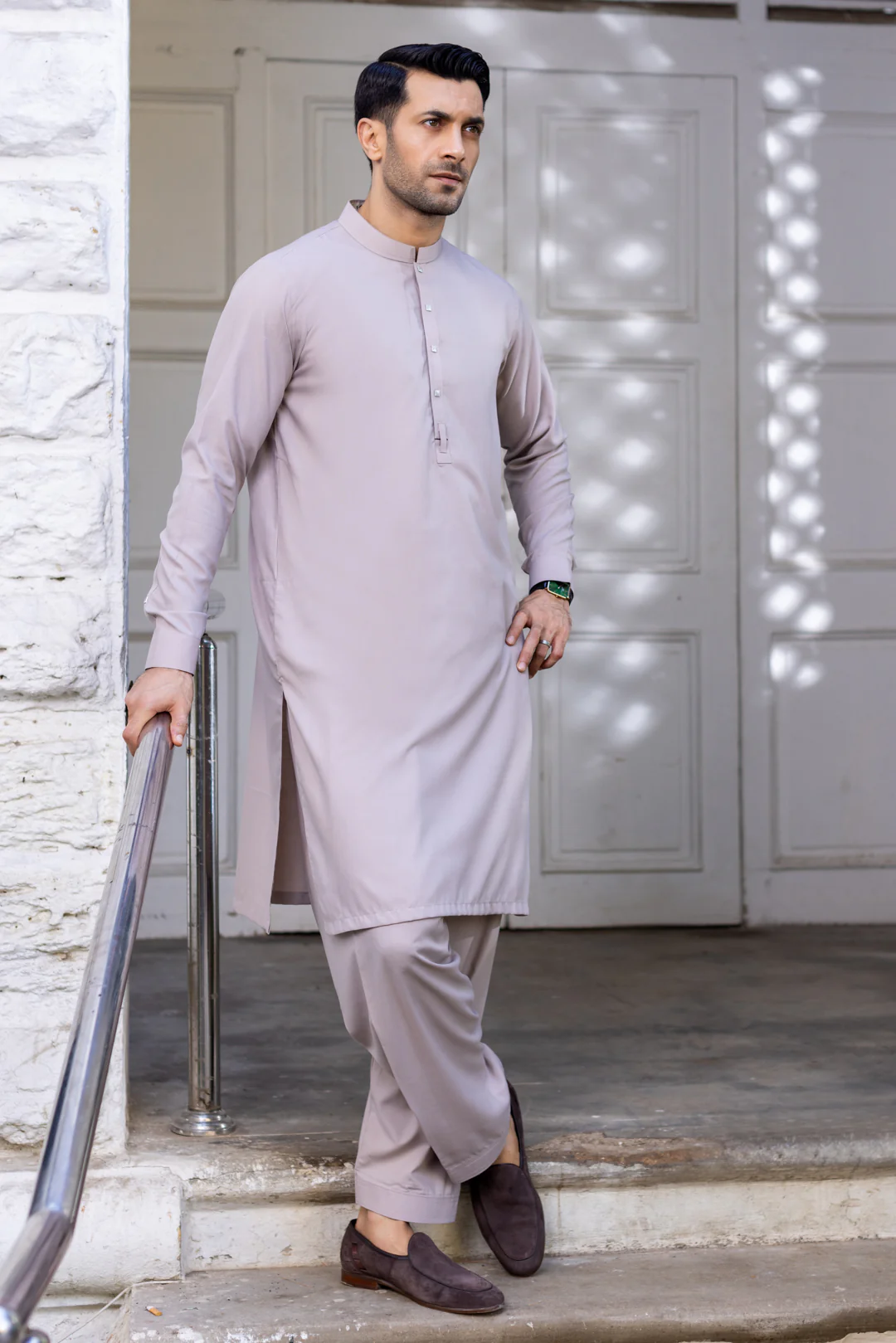 Nawabi Stitched Suit with Shalwar - Silver