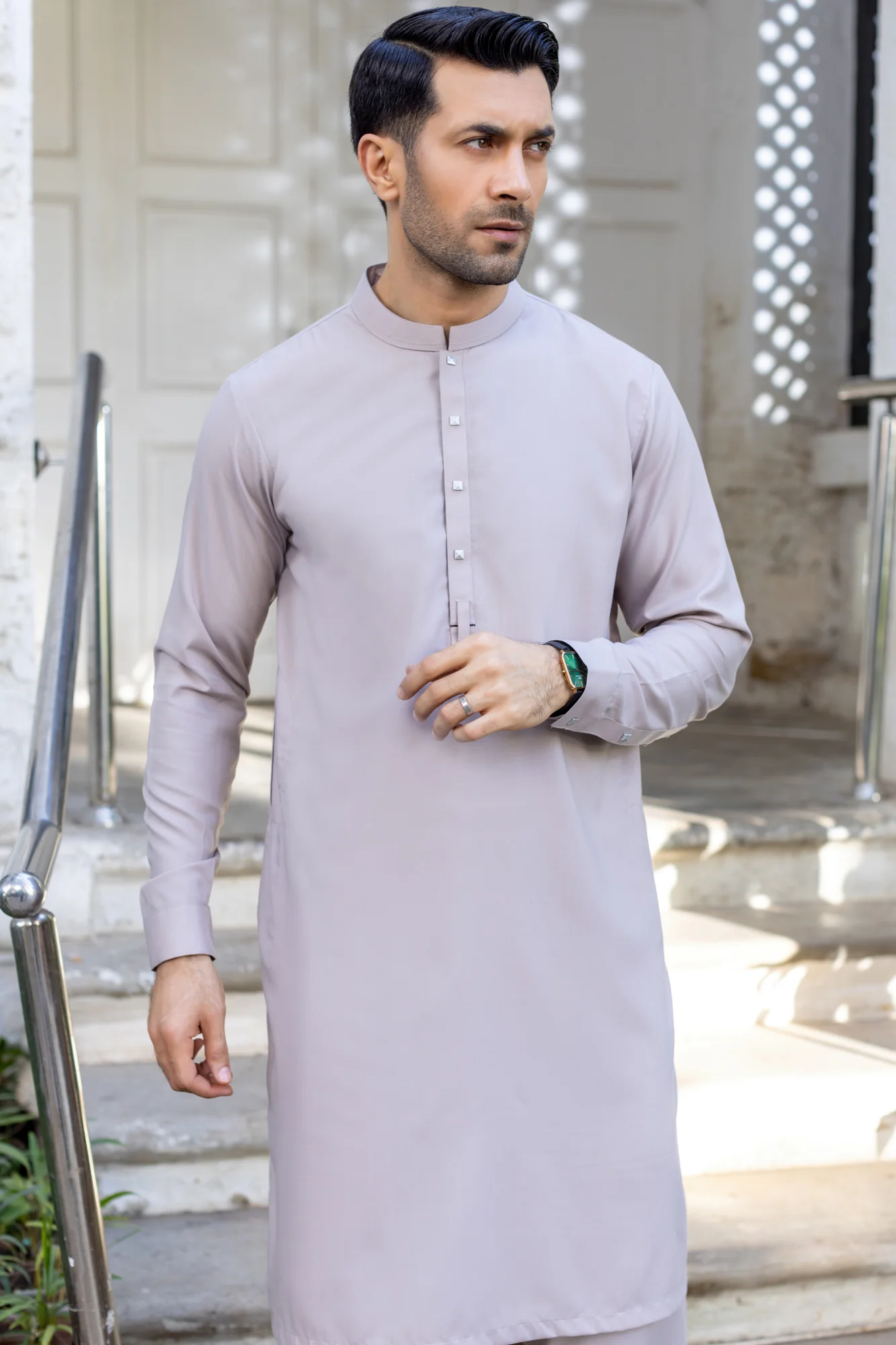 Nawabi Stitched Suit with Shalwar - Silver - Image 2