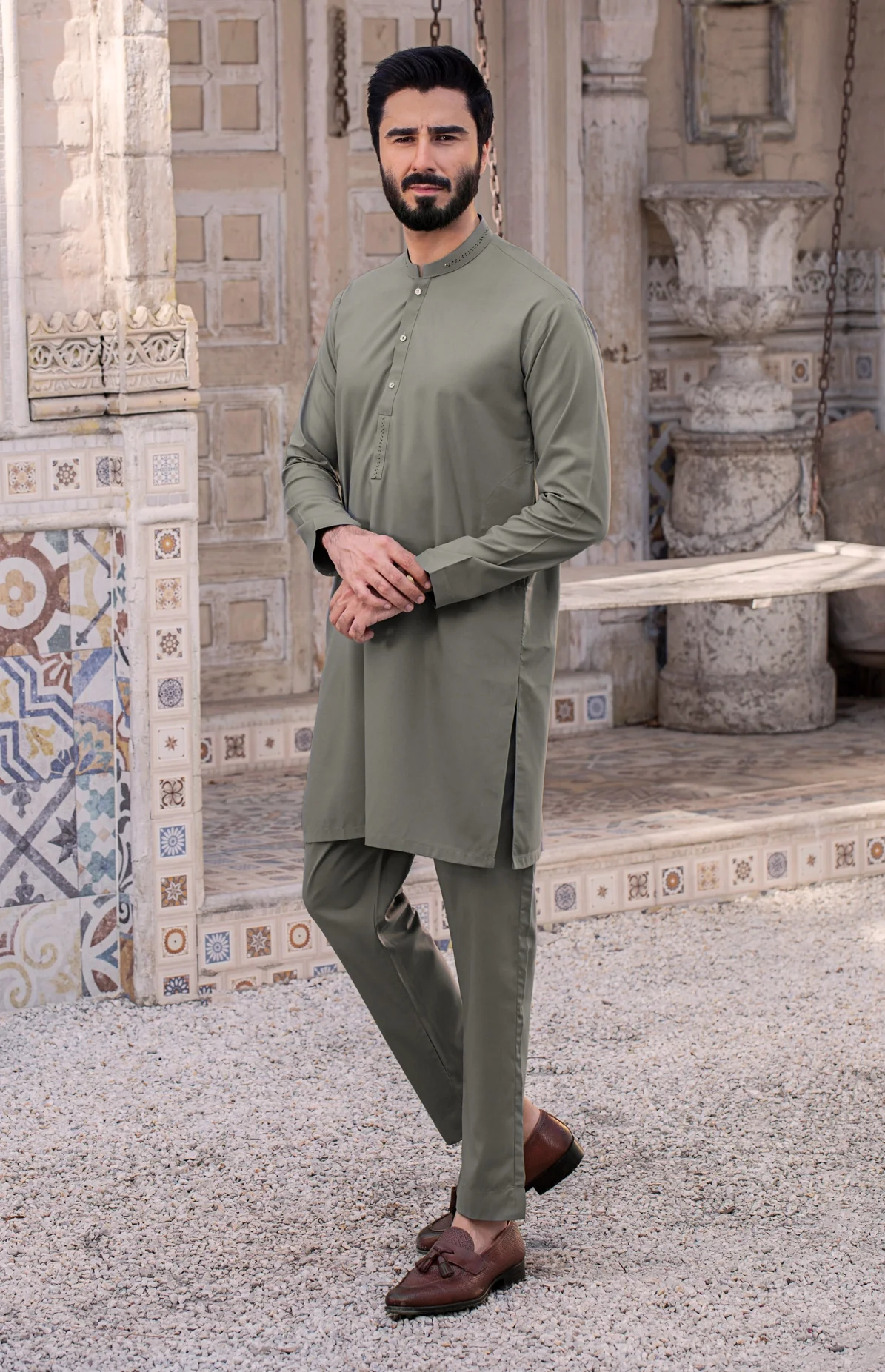 Festive Stitched Suit with Trouser - Silver - Image 2