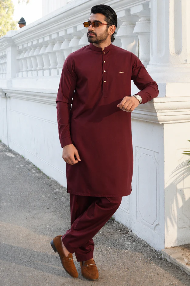 Stitched 3d Badge collection shalwar kameez -Wine - Image 2