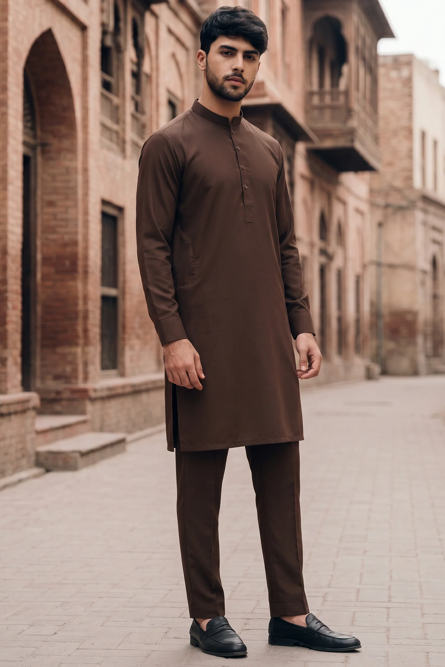Stitched All Season Kurta Trouser with Ban-Chocolate Brown - Image 2