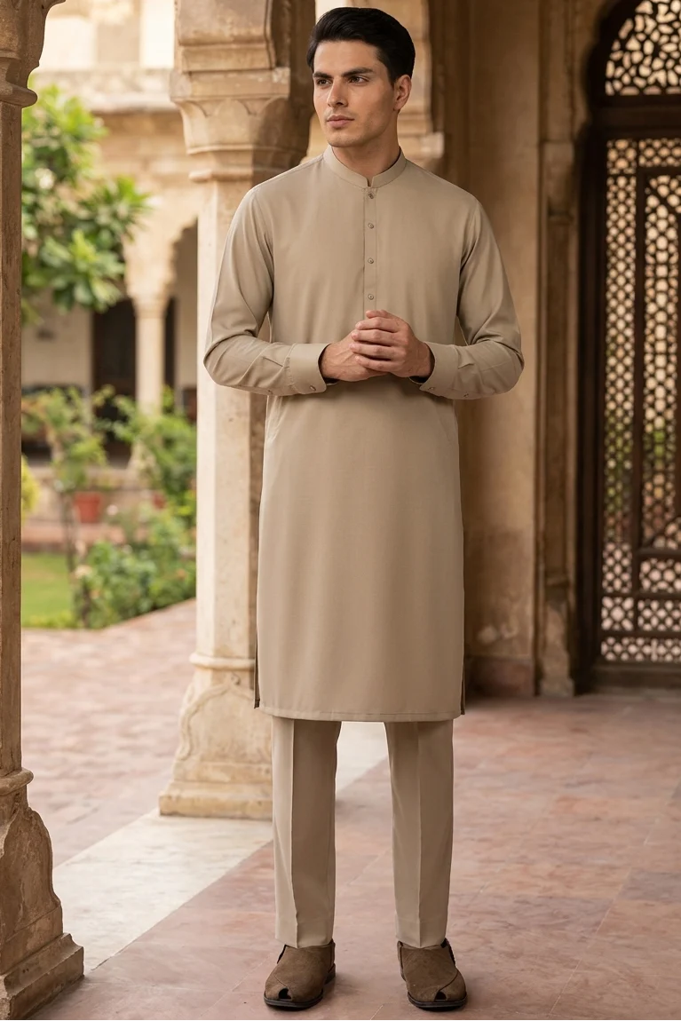 Stitched All Season Kurta Trouser with Ban-Khaki - Image 2