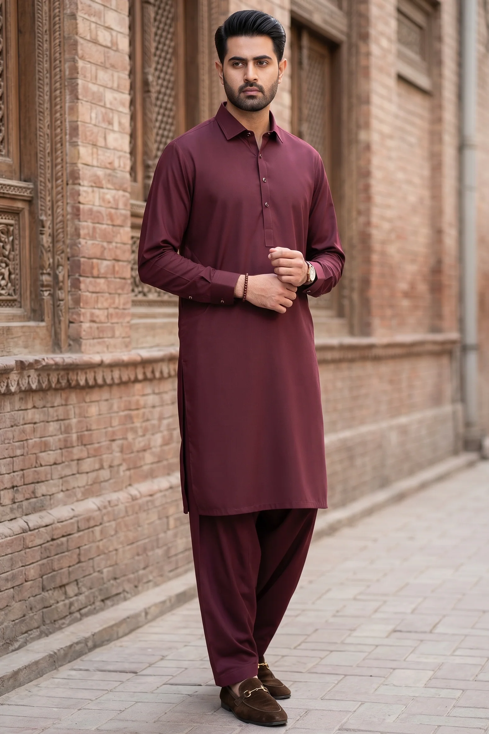 Stitched Cutway collar with golden outline Shalwar Kameez-Dark Burgundy - Image 2